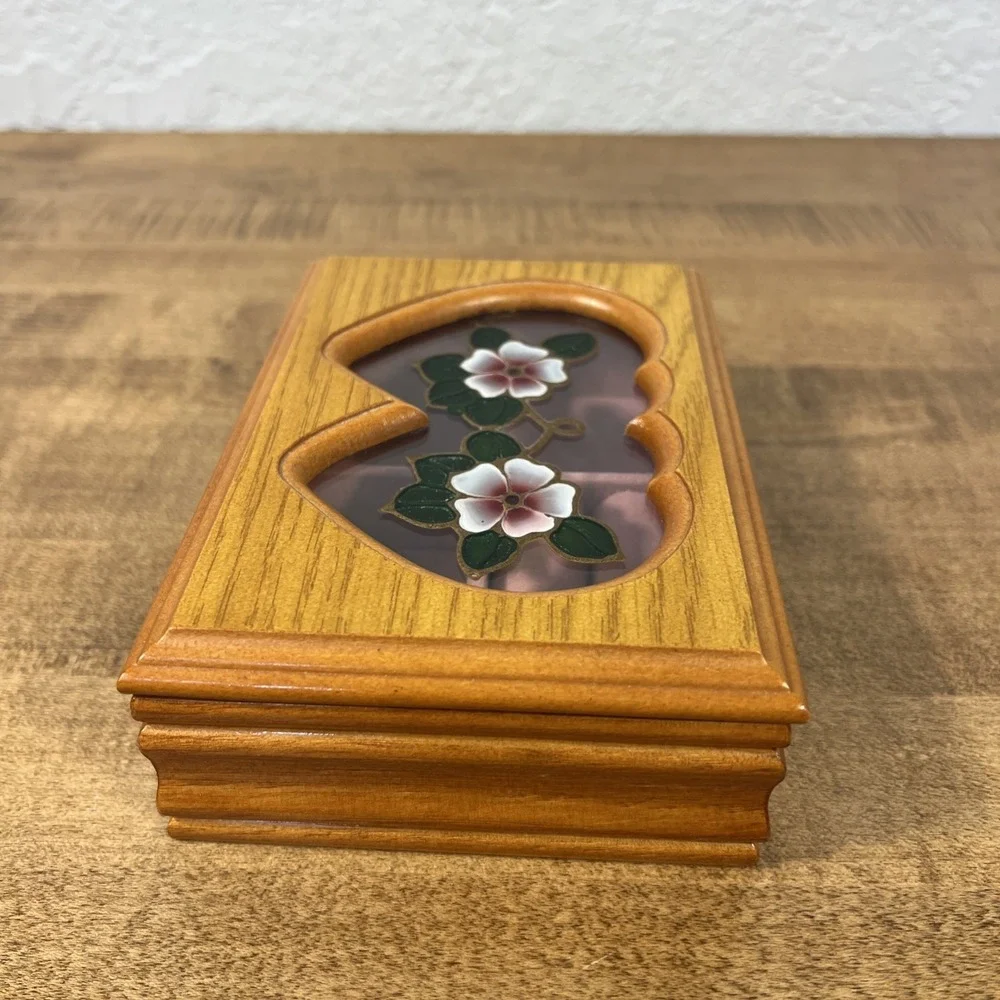 Vintage Wood Wooden Trinket Jewelry Box W/ Flower Blossom Design